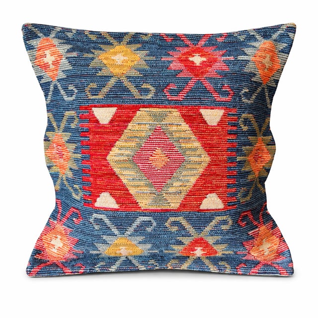Blue Turkish Pillow Cover in Geometric Pattern in Blue Tones For Sale - Image 8 of 8