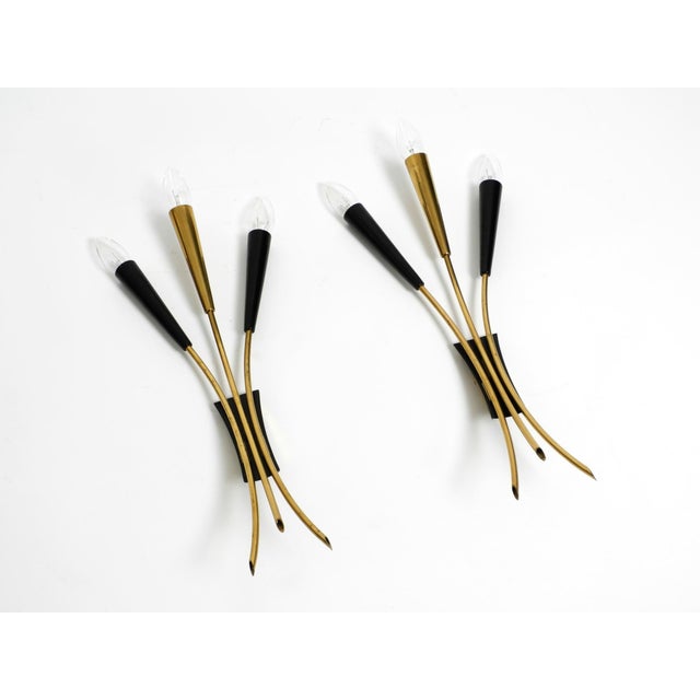 Large Mid-Century Modern Brass Three-Light Cone Wall Lamps, 1950s, Set of 2 For Sale - Image 4 of 18