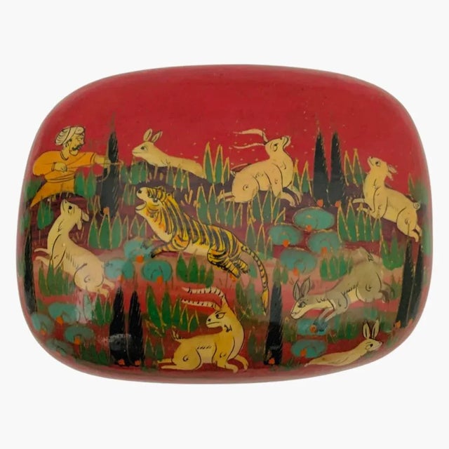 A beautiful handcrafted traditional paper mache Kashmiri Indian trinket domed lidded box. Hand decorated hunting scene...