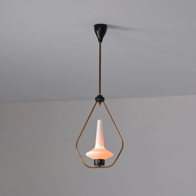 Mid-Century Modern Brass and Iron Pendant with Opaline Glass Shade, 1950s For Sale - Image 3 of 10