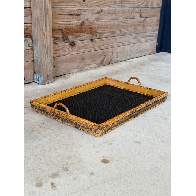 Vintage Scorched Bamboo and Woven Rattan Serving Tray For Sale - Image 10 of 12