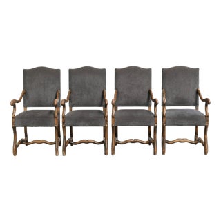 Late 19th Century Os de Mouton Dining Chairs with Fabric Seats and Armrests with Wood Carvings, Set of 8 For Sale