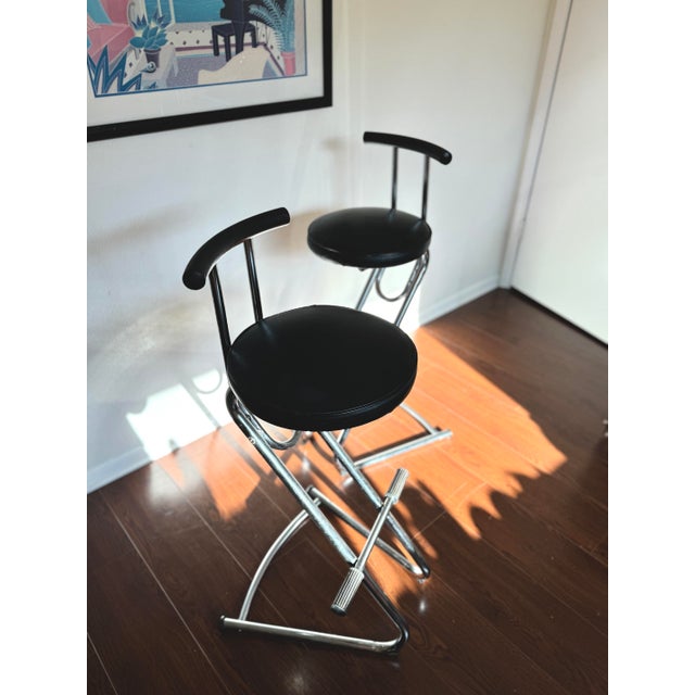 Chrome Circa 1990s Post Modern Cantilevered Chrome and Black Vinyl Barstools- Set of 2 For Sale - Image 8 of 12