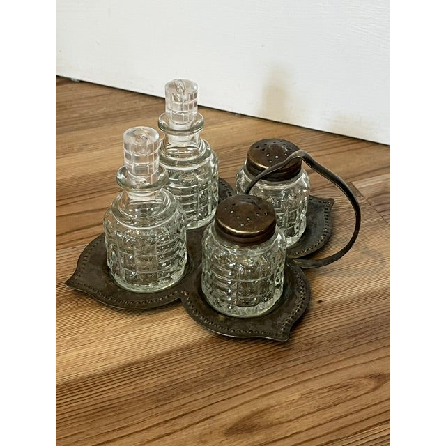 Metal Vintage 4-Piece Glass and Metal Condiment Cruet Set - 5 pcs For Sale - Image 7 of 9