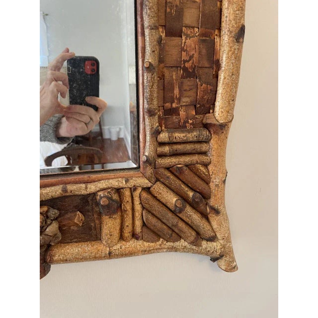 Rustic Adirondack Style Beveled Glass Mirror Signed on the Back E. Albright and Dated 2009 For Sale - Image 3 of 10