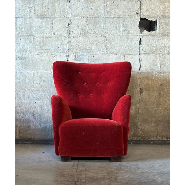 Red Danish Cabinetmaker Wingback Chair in Mohair For Sale - Image 8 of 10