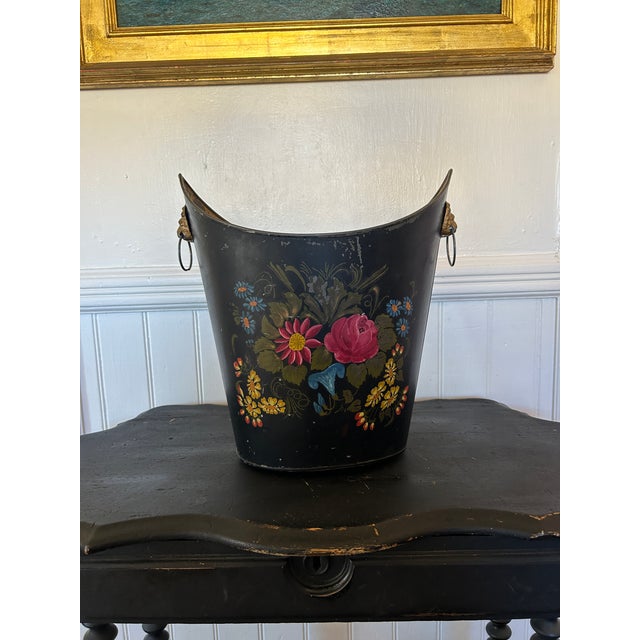 Metal Antique Style Hand Painted Tole Cachepot With Lion Mask Handles For Sale - Image 7 of 9