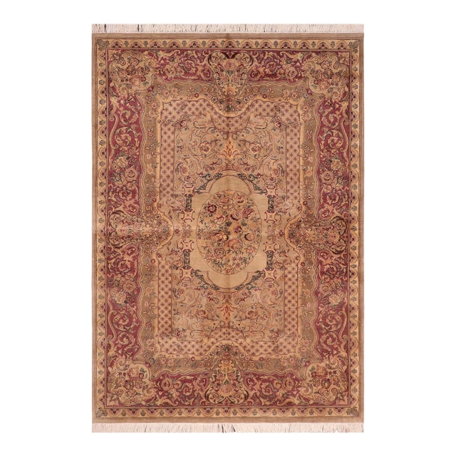 Art Nouveau 1990's Pak-Persian Taupe/Pink Wool Rug - 6'1'' X 9'2'' For Sale