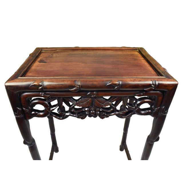 Brown Early 20th Century Floral Bamboo Design Carved Rosewood Side Table - Plant Stand For Sale - Image 8 of 16