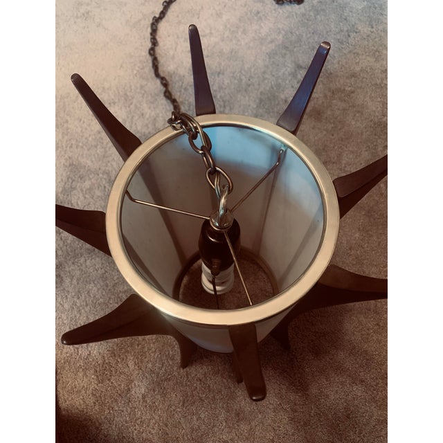 Brass 1960s Mid-Century Modern Teak & Brass Pendant Lamps a Pair — Pearsall-Inspired For Sale - Image 8 of 8