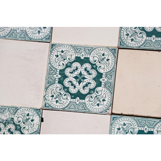 Art Deco 1920s Portuguese Art Deco Tiles Set of 32 Large Green & White Antique Decorative Tiles For Sale - Image 3 of 18