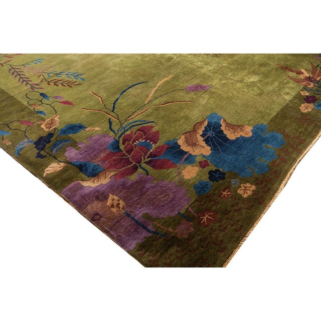 1920s Room Size Wool Green Floral Modern Antique Chinese Art Deco Carpet Rug For Sale - Image 11 of 12