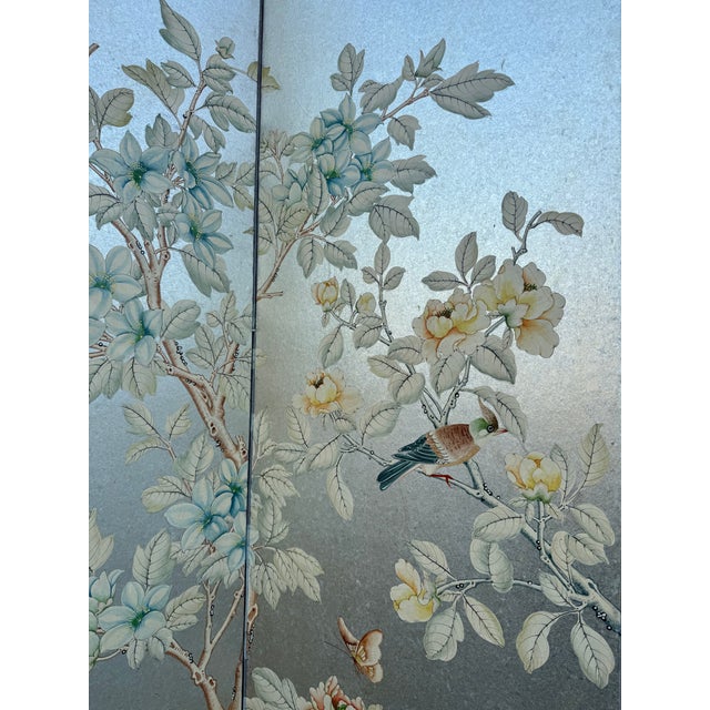 Gracie Style Hand-Painted Silver Leaf Chinoiserie Screen For Sale - Image 10 of 16