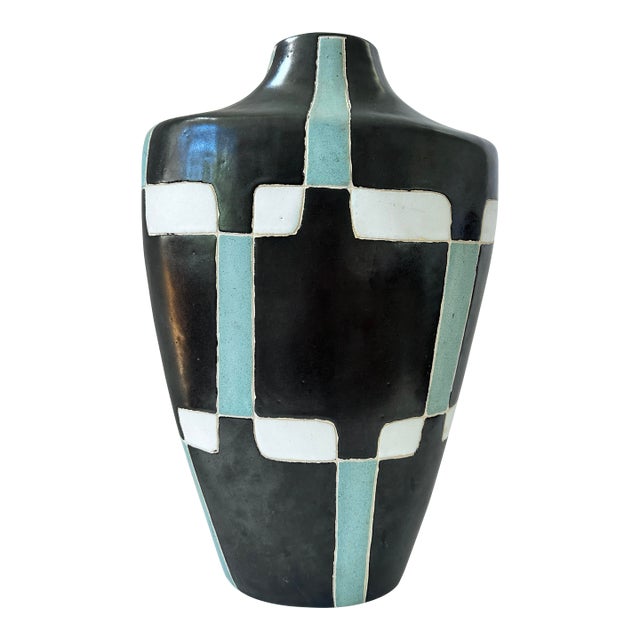 Large Signed Architectural Studio Pottery Vessel in Black, White & Celadon, Handmade Ceramic Vase For Sale