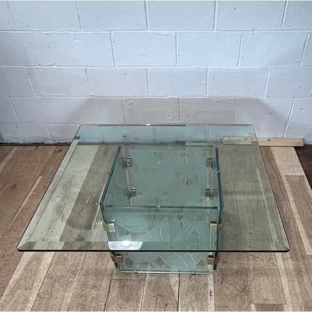 Postmodern 1970's Postmodern Etched Glass & Brass Coffee Table, Sculptural Botanical Base For Sale - Image 3 of 9