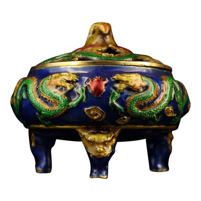 Vintage Cloisonne Enamel Incense Burner – 3.9" Gilt Dragon Tripod Censer For Sale