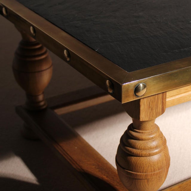 Rustic Coffee Table in Slate, Brass and Oak, Germany, 1970s For Sale - Image 9 of 10