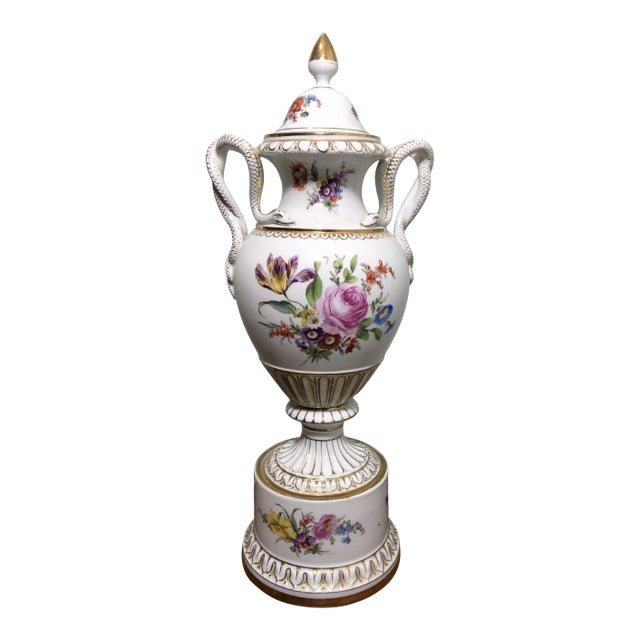 Antique Carl Teichert Meissen Hand-Painted Floral Snack Handle Urn For Sale