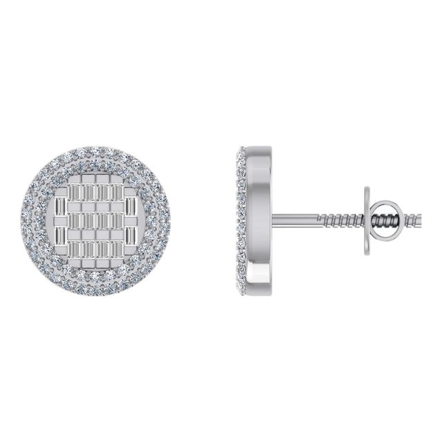 10K White Gold Round Baguette Diamond Halo Designer Earring 5/8 Cttw, A Pair For Sale