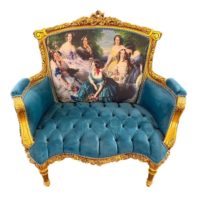 Vintage French Louis XVI Style Tuffed Bergere Victorian Armchair For Sale