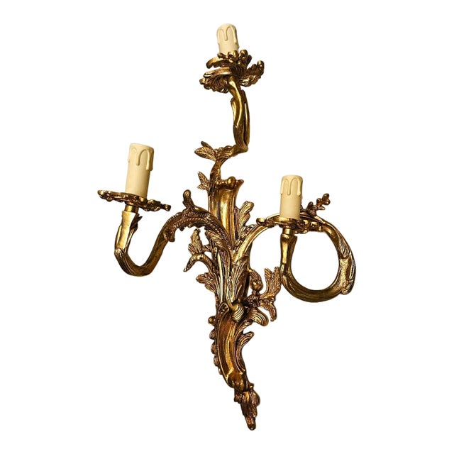 French Rococo Wall Sconce – 3 Light Gilded Bronze Wall Candelabra For Sale