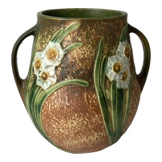 Roseville Jonquil Art Pottery Double Handled Daffodil Vase Circa 1930 For Sale