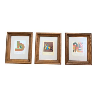 1970’s 3 Original Thomas Lahy Abstract Screen Prints Vintage Oak Frames -Set of 3 For Sale