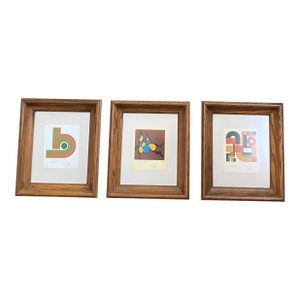 1970’s 3 Original Thomas Lahy Abstract Screen Prints Vintage Oak Frames -Set of 3