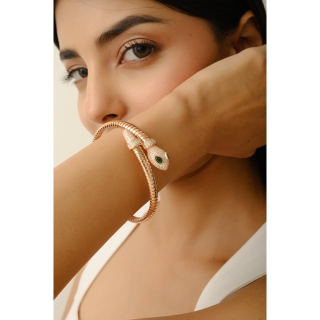 Artistic Snake Zirconia Flexible Wrap Bracelet in 925 Silver With Emerald-Tone Eye For Sale - Image 6 of 13