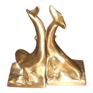 Vintage Hand Made Solid Brass Jumping Dolphins Bookends - a Pair For Sale