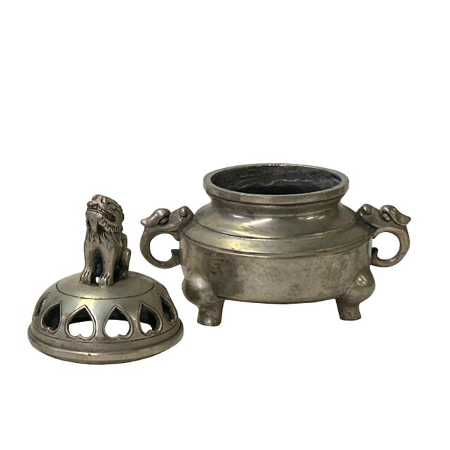 1980s Vintage Silver Pewter Color Metal Foo Dog Ding Shape Incense Holder For Sale - Image 5 of 10
