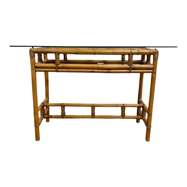 Vintage MCM Coastal Boho Style Sculpted Rattan Bamboo Glass Top Console Table For Sale