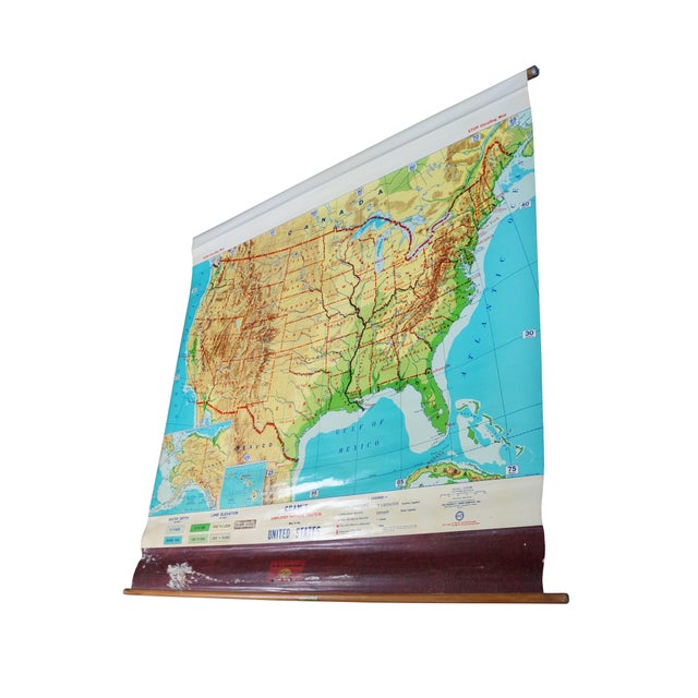 Mid-Century Modern Original Mid Century Cram’s Pull Down Us School Map Usa Wall Map Geography 63" For Sale - Image 3 of 18