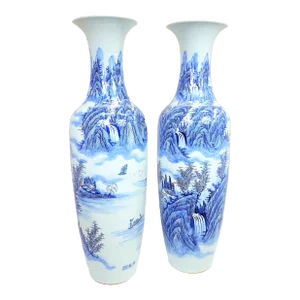 Large Blue and White Chinese Porcelain Vases, Marking on the Body - A Pair