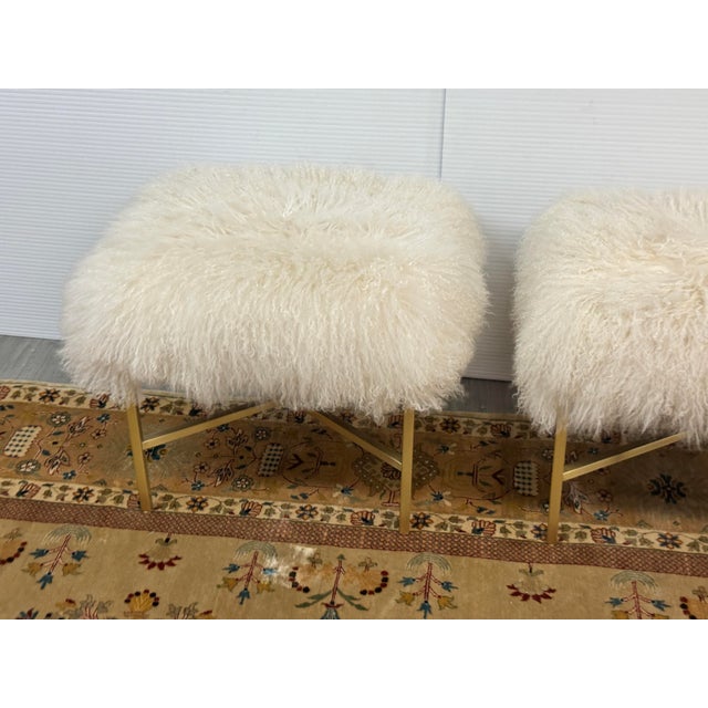 2020s Outpost Original Tibetan Lambskin + Brass Ottomans, Pair For Sale - Image 5 of 12