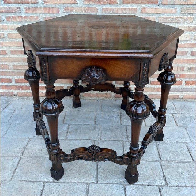 Antique Hexagonal Side or Center Walnut Table with Six Carved Legs For Sale - Image 16 of 18