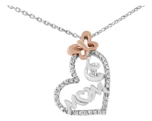Two Tone .925 Sterling Silver 1/5 cttw Diamond "Mom" and Heart Pendant Necklace
