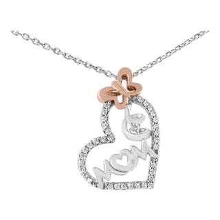 Two Tone .925 Sterling Silver 1/5 cttw Diamond "Mom" and Heart Pendant Necklace (H-I, I1-I2) For Sale