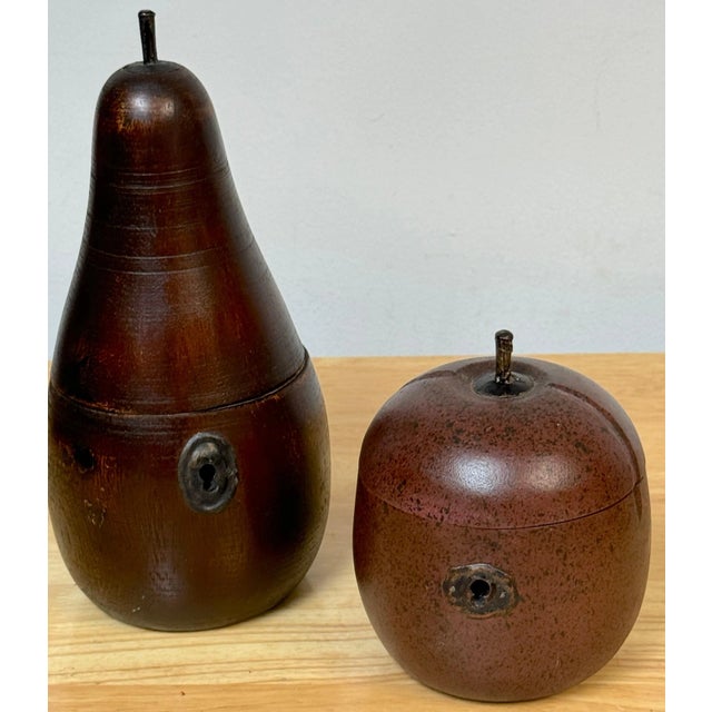 English Two 20th C English Style Polychromed Carved Wood Apple & Pear Boxes/Tea Caddies - a Pair For Sale - Image 3 of 9