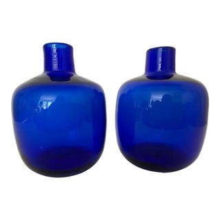 Pair Vintage 5.25" X 4" Blenko Cobalt Blue Art Bubble Glass Bud Vases, Hand Blown, Joel Myers Design For Sale