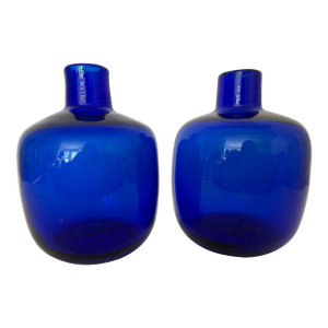 Pair Vintage 5.25" X 4" Blenko Cobalt Blue Art Bubble Glass Bud Vases, Hand Blown, Joel Myers Design