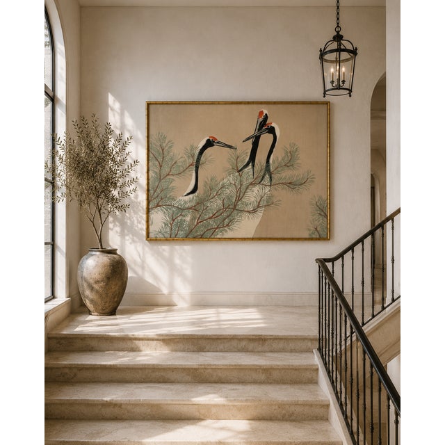 Antique White Cranes, Kamisaka Sekka, Japanese Woodblock Art Print Reproduction, 36" X 24" For Sale - Image 8 of 9
