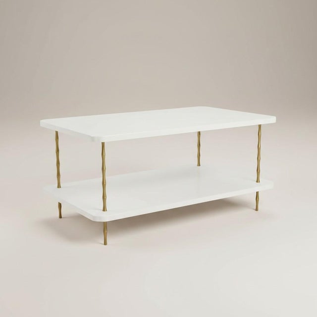 Contemporary Handcrafted Satin White Dove Lacquered Two-Layer Coffee Table With Brass Bamboo Legs For Sale - Image 3 of 6