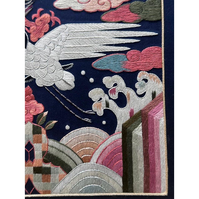 A framed finely embroidered Korean silk rank badge (Hyungbae in Korean) from Joseon Dynasty circa late 19th century. The...