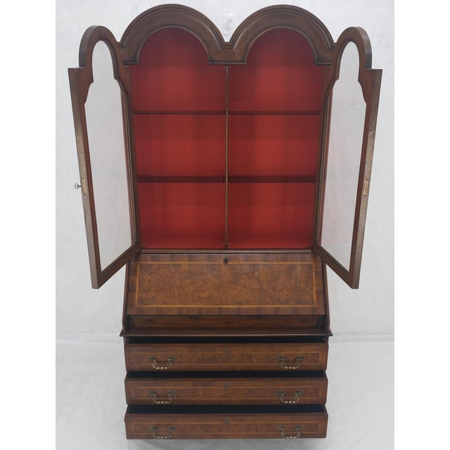 Double Bonnet Dome Top Burl Wood 3 Drawer Drop Front Secretary Desk 1900s Clean! For Sale - Image 13 of 17