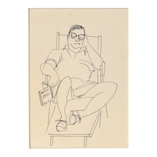 Lounge Chair Nap - Vintage Illustration in Ink and Watercolor by Irene Pattinson For Sale