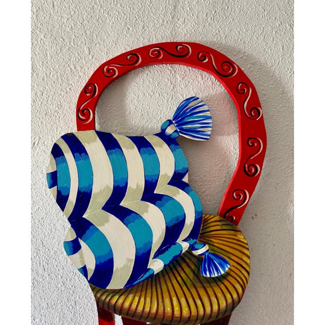 1990s Amanda Watt, Pop Art Painting Carved Wall Sculpture Amanda Watt Thatched Chair Vibrant Color, 1996 For Sale - Image 5 of 11