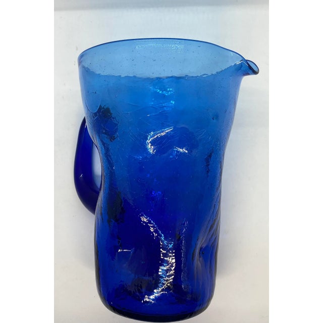 Mid-Century West Virginia Bischoff Glass Company Cobalt Blue Crackle Glass Pitcher For Sale - Image 9 of 12