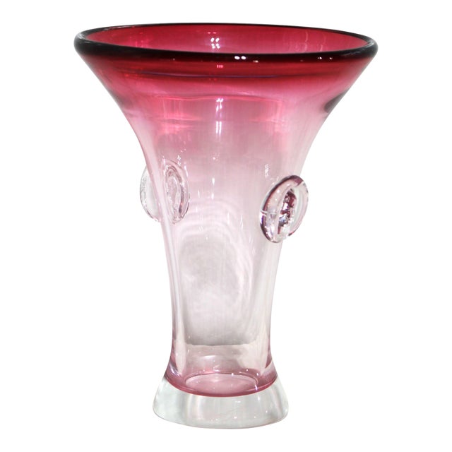 Vintage Sergio Pagnin Chalet Art Glass Cranberry Vase, Original Sticker For Sale