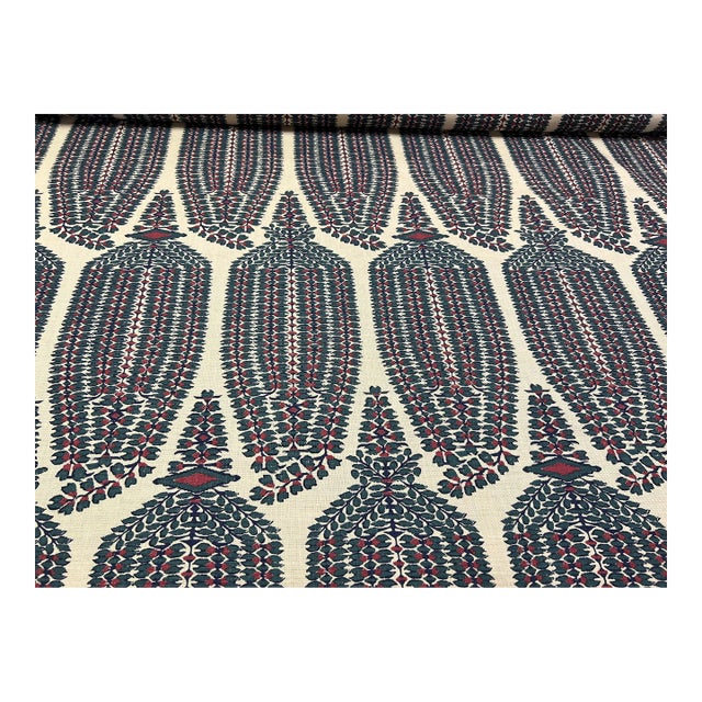 Lisa Fine Ayesha Paisley Linen Beige Teal Green Red Upholstery Drapery Fabric For Sale